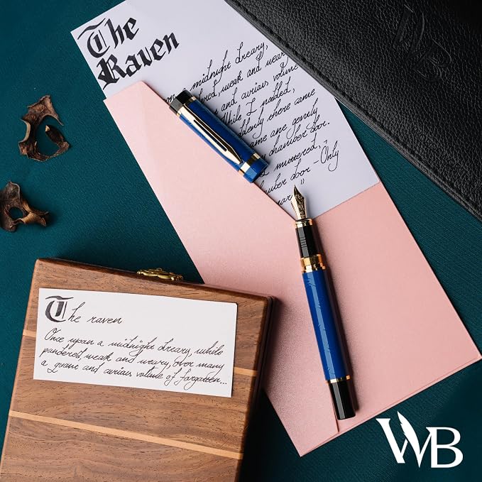 Wordsworth & Black Primori Fountain Pen Set [Blue Gold]; Fine Nib, Gift Case, 24 Ink Cartridges, Refill Converter, Manual; Journaling, Calligraphy, Smooth Writing Pens; Left and Right Handed