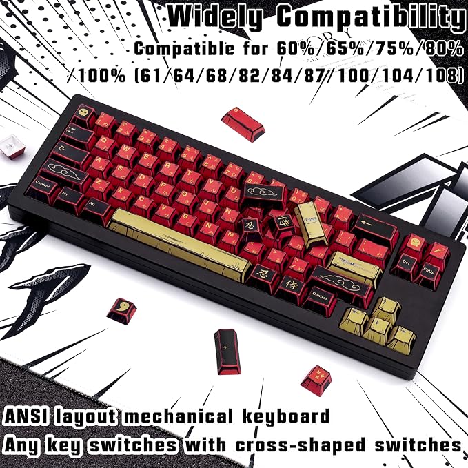 Retro Red Black Anime PBT Keycaps Cherry Profile Key caps, Manga Japanese Theme Keycaps, 5 Side Dye Sublimation 130 Keys Set for Cherry Gateron MX Switches Keyboards (Red Samurai)