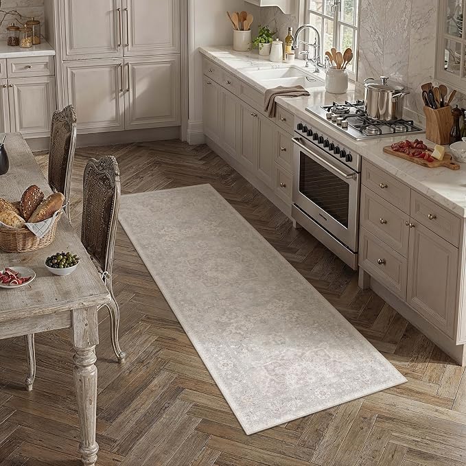 PureCozy Gray Runner Rug 2x6 Hallway Washable Vintage Carpet for Kitchen Non Slip Soft Low Pile Indoor Retro Oriental Medallion Grey Accent Throw Long Rug Rug for Bathroom Laundry Dining Room
