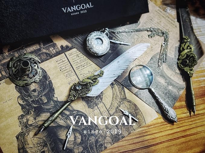 VANGOAL Steampunk Feather Pen and Ink Set with Gift Box, Vintage Quill Pen for Writing, Calligraphy Pen Set for Office Supplies, Birthday, Wedding, Christmas Gift (Grey)