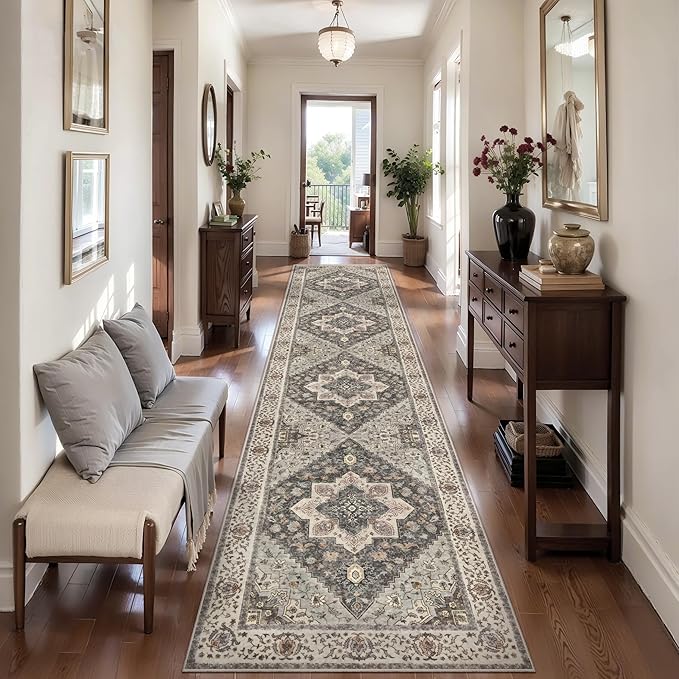 Tangsoo 16ft Runner Rug for Hallways Farmhouse 2.6x16 Washable Hallway Runner Rug, Non Slip Vintage Soft Low Pile Long Rug Runner, Oriental Grey Carpet Runners for Living Room Kitchen Bedroom