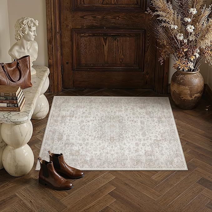 PureCozy 2x3 Area Rug Washable Neutral Beige Vintage Entryway Carpet Non Slip Low Pile Soft Door Mat Indoor Entrance Floral Small Throw Rug for Bathroom Bedroom Office Laundry Kitchen