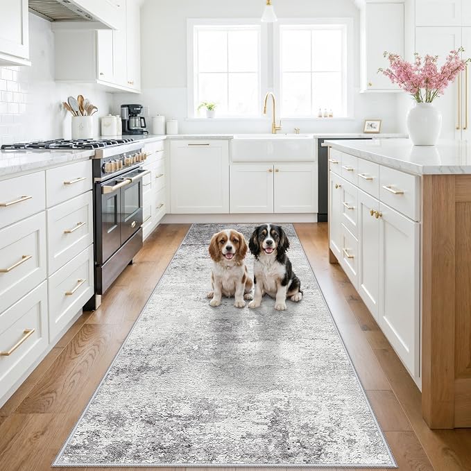 RUUGME 3x10 Washable Runner Rug: Abstract Durable Kitchen Runners Non-Slip Stain Resistant Modern Rugs for Hallway Laundry Low Pile Ultra Thin Soft Carpet for High-Traffic Areas Home Decor 3X10 Grey
