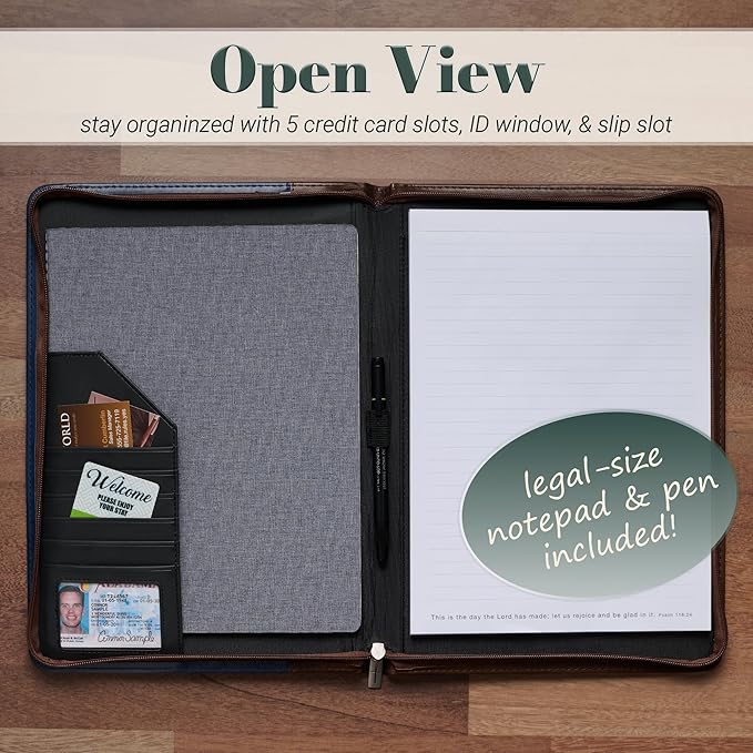 Christian Art Gifts Faithful Servant 2 Chronicles 15:7 Zippered Brown Faux Leather Padfolio/Portfolio Folder Notepad with Single Pen with Highlighter Tip for Notes