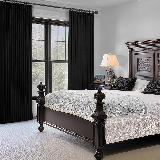 Pleat Linen Blend 100% Blackout Curtains for Bedroom 84 Inches Long 2 Panels Set, Pinch Pleated Black Out Aesthetic Curtain 7 FT Length Double Layer Insulated Thermal Office Drapes with Metal Rings