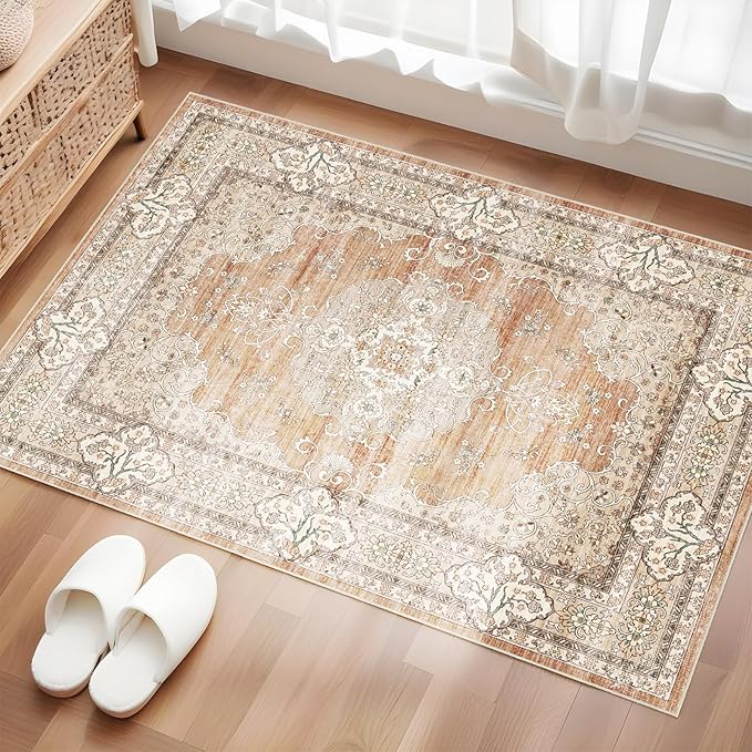 Puino Washable Entryway 2x3 Rug: Small Boho Rugs for Indoor Entrance Non Slip Backing Stain Resistant Carpet Low Pile Throw Rugs for Bedroom Bedside Inside Front Door Floor Kitchen Decor(Brick,2x3FT)