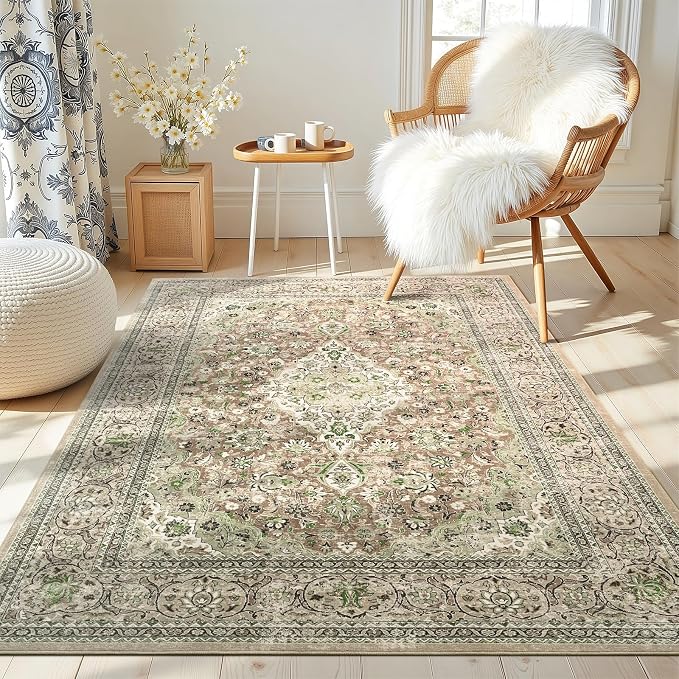 Green Washable Boho Area Rug for Bedroom, 3x5 Vintage Floral Non Slip Rugs, Soft Low Pile Indoor Mat, Aesthetic Pattern Carpet for Living Room, Kitchen, Dining Room and Bedside
