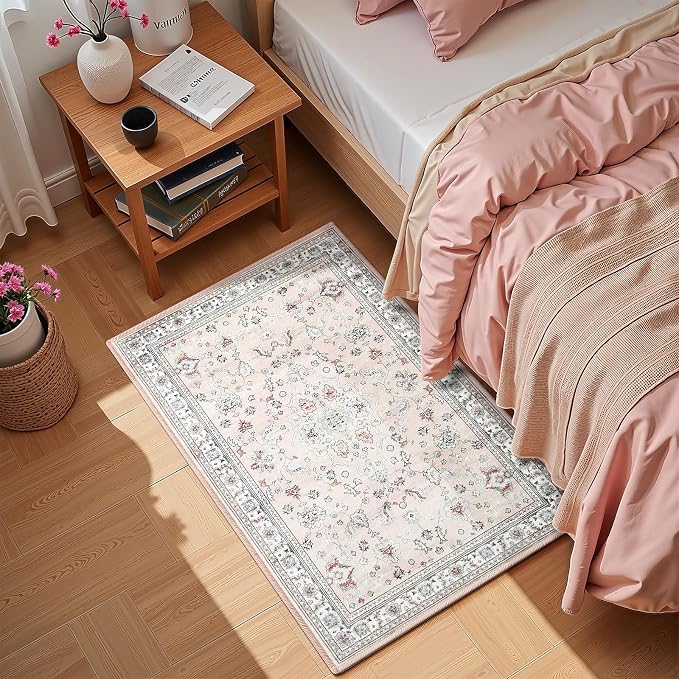 Light Pink 2x3 Washable Entryway Rug, Small Boho Non Slip Area Rugs, Vintage Floral Throw Door Mat, Aesthetic Low Pile Carpet for Kitchen Indoor Farmhouse Entrance Bedroom