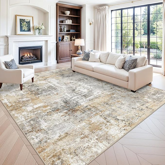 10x10 ft Square Living Room Rug – Washable Modern Abstract Area Rug for Bedroom, Dining Room, Playroom – Neutral Non-Slip Low-Pile Thin Indoor Carpet (Gold Grey)
