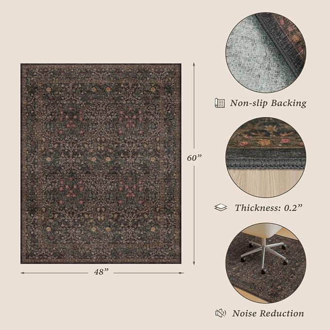 Taupe Brown Office Chair Mat for Hard Wood & Tile Floors, 48x60 Non-Slip Low Pile Under Desk Rug, Washable Floor Protector for Heavy Duty Office Chair, Vintage Traditional Dark Neutral Floral Décor