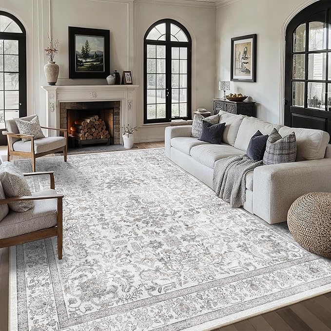 8x10 Gray Washable Area Rugs for Living Room Non Slip Low Pile Vintage Boho Throw Rug Soft Retro Distressed Floral Large Carpet Indoor Farmhouse Decor for Bedroom Dining Room Office Kitchen Playroom