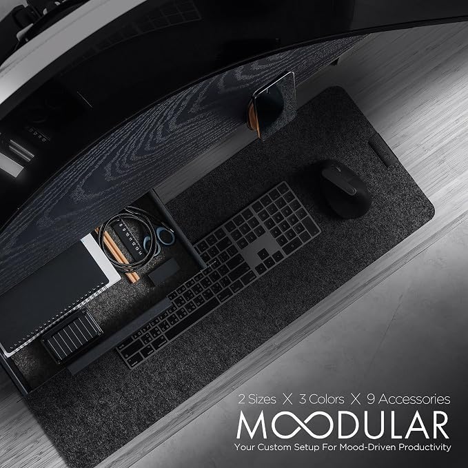 Moodular Wooden Monitor Stand Desk Organizer, Large 45.6" Black | Customizable Organized Workspace, Aluminum Slide Rails, 10 Add-Ons Sold Separately: Storage Drawer, Tablet, Phone & More