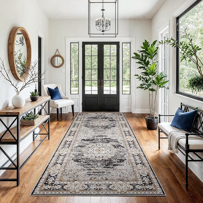 4x8 Runner Rug for Hallway Washable: Non Slip Kitchen Rugs with Rubber Backing Soft Waterproof Wide Mats Stain Resistant Low Pile Carpet for Entryway Bedroom Bathroom Laundry Home Decor Black/Gray