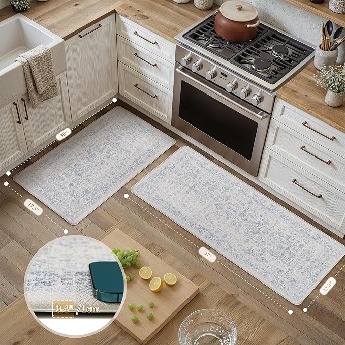 Kitchen Mats 2PCS Anti Fatigue Cushioned Mat Light Blue Vintage Kitchen Mats for Floor Waterproof Non Slip Comfort Standing Retro Floral Rug for Sink Laundry Office 17.3"x47"+17.3"x30"