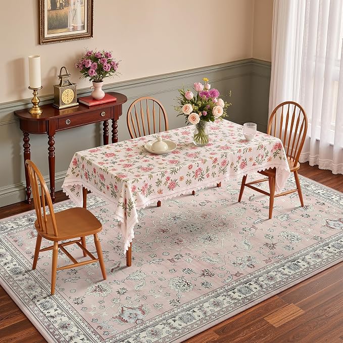 4x6 Light Pink Washable Boho Area Rug for Living Room, Vintage Floral Non Slip Bedroom Rugs, Wool Low Pile Indoor Mat, Aesthetic Pattern Carpet for Kitchen, Office and Bedside