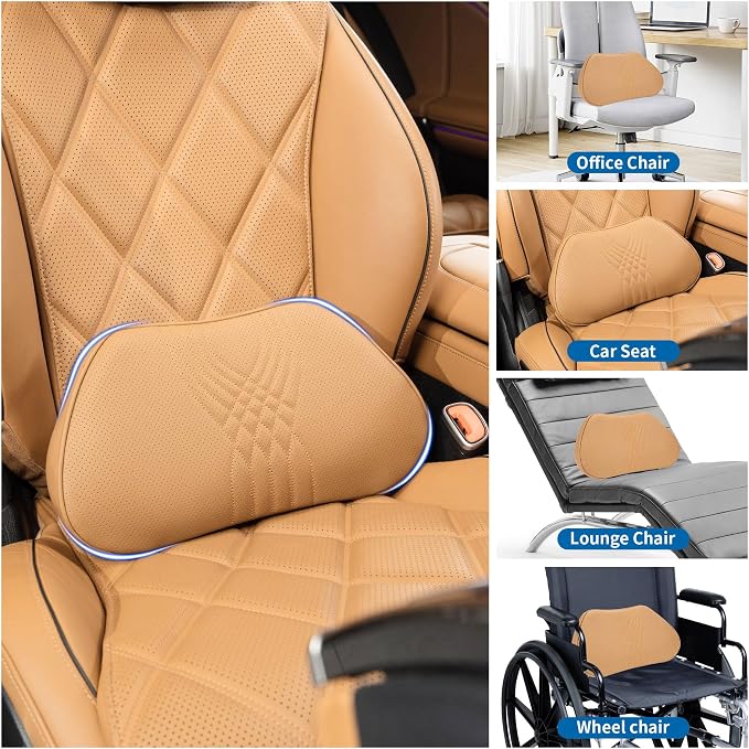 Lumbar Support Pillow for Car Seat, Office, Palomino Brown, 1PC | Leather Lumbar Pillow Memory Foam Lower Back Cushion for Back Pain Relief Improve Posture, Ergonomic Back Rest Gaming Chair