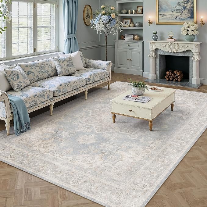 PureCozy Blue 6x9 Area Rug for Living Room Washable Vintage Large Carpet Non Slip Low Pile Indoor Bedroom Soft Retro Oriental Medallion Accent Throw Rug for Kitchen Dining Room Office