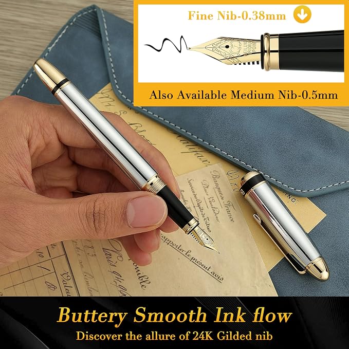 BEILUNER 315 Silver Chrome Fountain Pen,Stunning Luxury Pens with 24K Gold Accents, Gorgeous 24K Gilded Nib(Fine), Ink Converter,Fancy Pen Gift for Men&Women-Elegant, Office, Writing, Nice Design