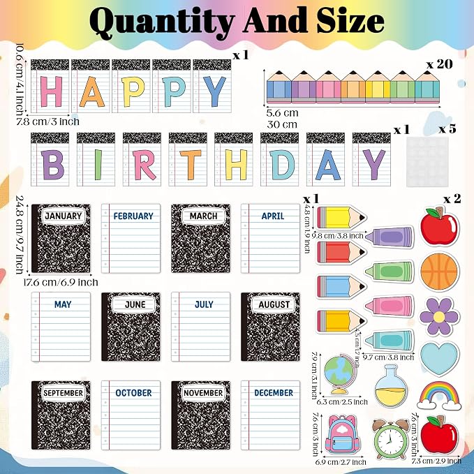 TICIAGA Composition Notebook Birthday Bulletin Board - 76PCS Happy Birthday Notebook Cutout for Classroom Teacher Supplies, Back to School Colorful Pencil Name Tag Border Calendar Decor for Preschool