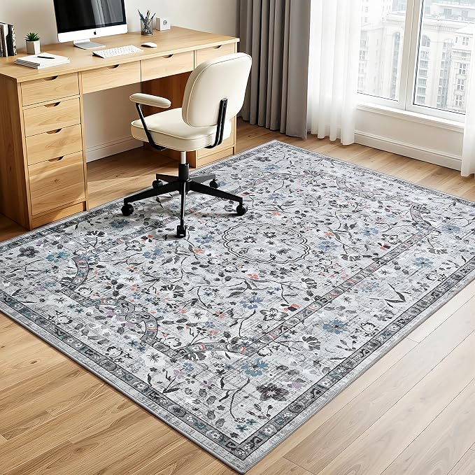 Vasofe 3x5 Area Rug for Bedroom, Washable Rugs for Living Room, Laundry, Kitchen, Vintage Floral Indoor Non Slip Carpet Farmhouse Grey Throw Carpets Soft Low Pile Mat for Dorm Bedside Entryway Office