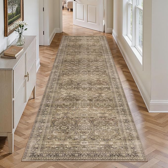 HUGEAR 2'6''x10' Runner Rug Hallway Vintage Brown Machine Washable Retro Floral Low Pile Carpet Distressed Long Throw Rug Bedroom Kitchen Laundry Non Slip Soft Lightweight