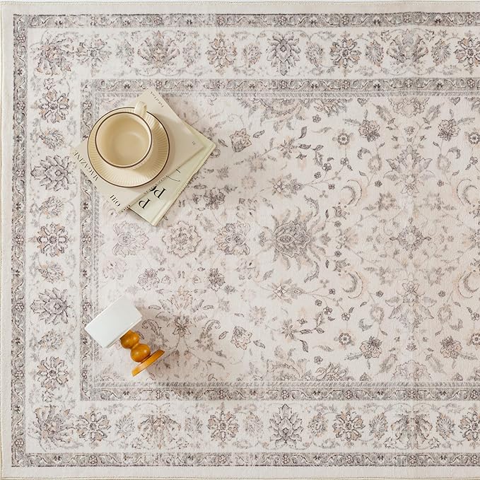 PureCozy 6x9 Area Rug Beige Washable Vintage Carpet Living Room Bedroom Large Non Slip Stain Soft Resistant Low Pile Thin Boho Accent Indoor Throw Rug for Dining Room Office