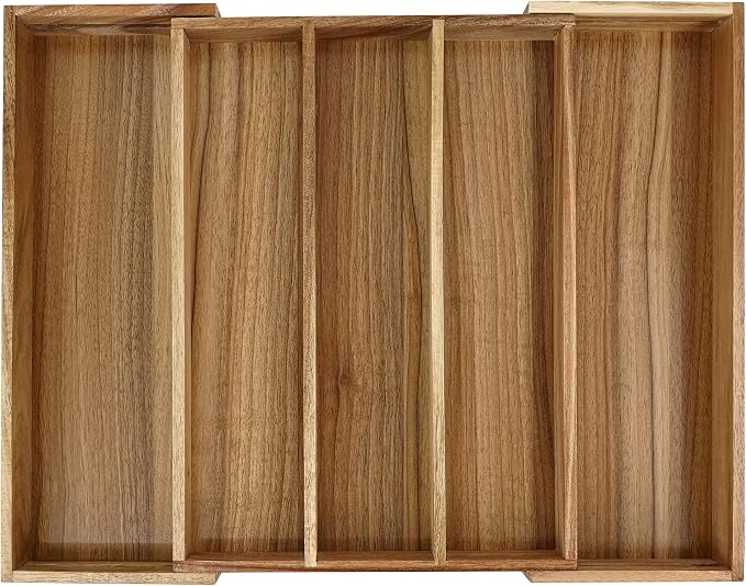 EcoFives Luxury Acacia Silverware Organizer -Kitchen Drawer Organizer - Utensil Holder and Cutlery Organizer with Grooved Drawer Dividers for Flatware and Kitchen Utensils (5 Slot)