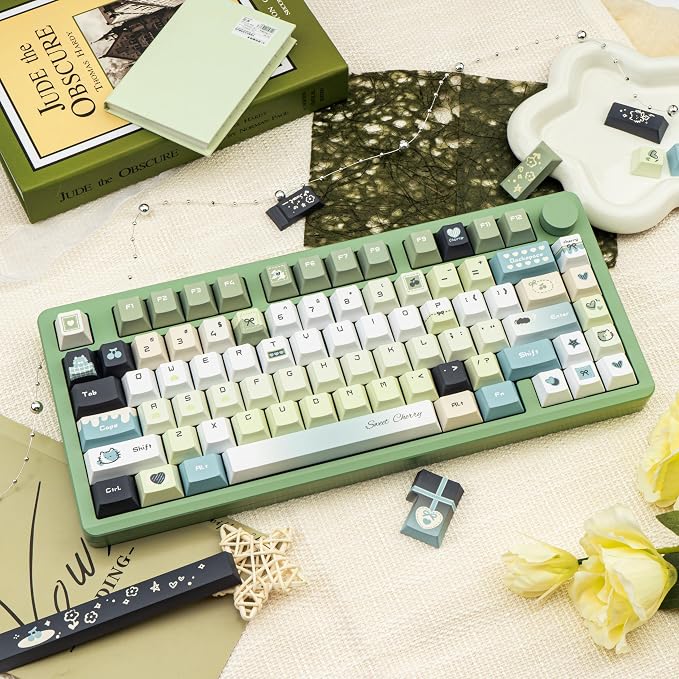 Gradient Green PBT Keycaps, Cute Cat Keycaps Set, 145 Keys Cherry Profile Dye-Sub Custom Keycap, Kawaii Anime Custom Key Caps for 60%, 65%, 75%, 100% Cherry MX Mechanical Keyboard