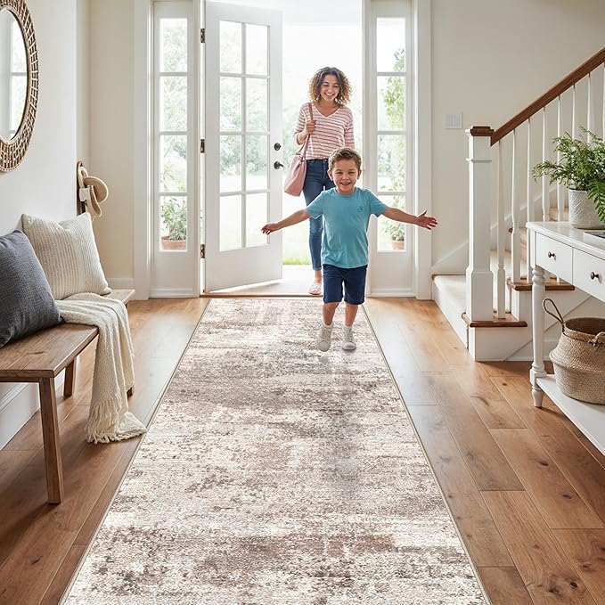 RUUGME Washable Runner Rug 3x10: Abstract Lightweight Soft Rugs for Hallway Non-Slip Ultra Thin Kitchen Laundry Runners Low-Pile Stain Resistant Carpet for Newlywed Home Decor 3X10 Brick/Brown/Beige