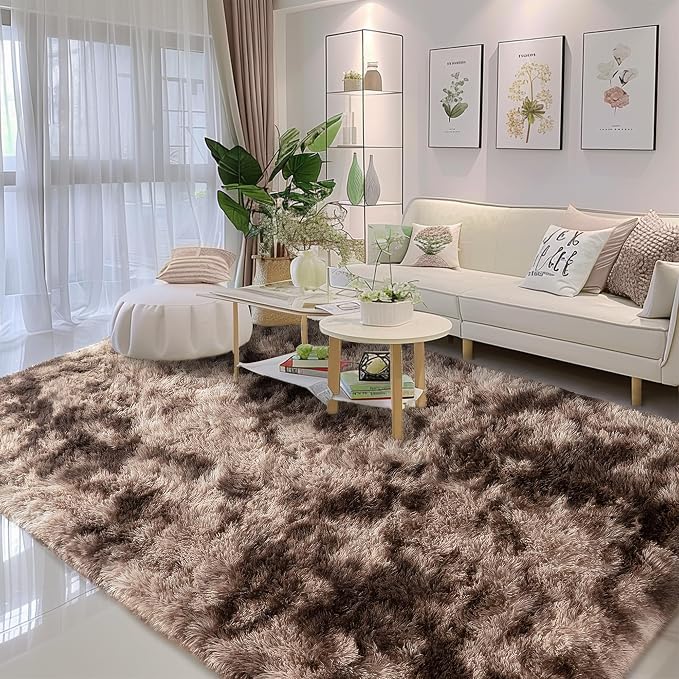 Awaytail 8x10 Shag Area Rug - Fluffy Fuzzy Nursery Kids Girls Room Rug - Soft Plush Furry Bedside Carpet- Tie-Dyed Brown
