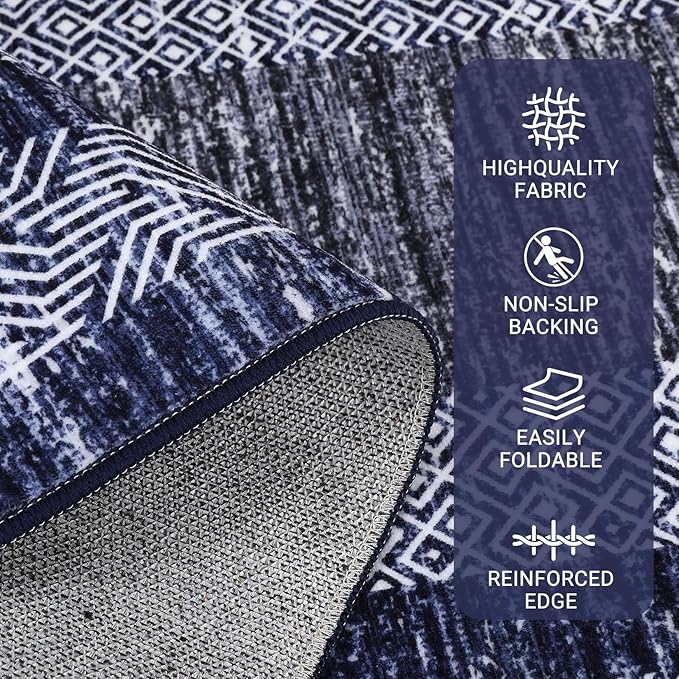 GarveeHome 6x9 Large Washable Area Rug Modern Bordered Rug Distressed Geometric Floor Carpet, Soft Non Slip Low Pile Non Shedding Rug, Indoor Navy Blue for Bedroom, Living Room