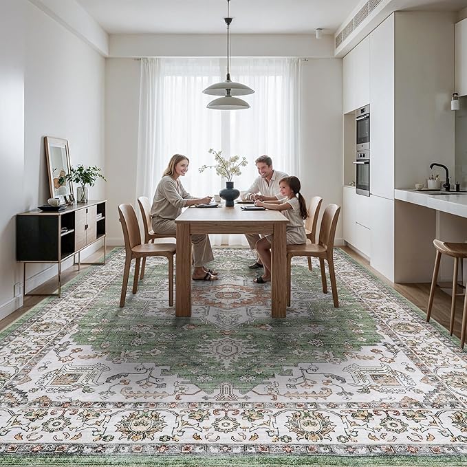 Washable Large Area Rugs 12x15 - Living Room Area Rug with Non Slip Backing Low Pile Carpet for Bedroom Vintage Rugs Indoor Soft Carpets Home Decor Decoration Mat 12x15 Sage