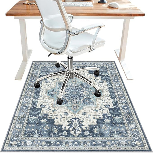 48"x72" Office Chair Mat for Hardwood Tile Floor, Under Desk Carpet Protector for Rolling Computer Chair Mat, Machine Washable Area Rug, Anti-Slip 1/5" Thick Low Pile Thin Vinyl Floor Mat, Navy