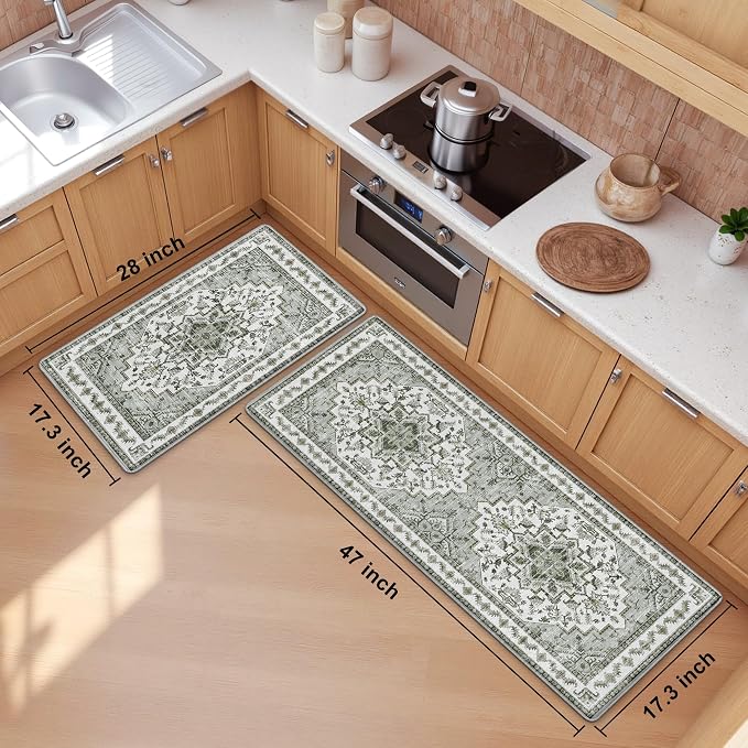Boho Kitchen Mats for Floor 2 Piece Set Anti Fatigue Cushioned PVC Kitchen Rugs Non Slip Waterproof Farmhouse Mats 2/5 Inch Comfort Standing Mat for Laundry, 17.3"x47"+17.3"x28", Grey