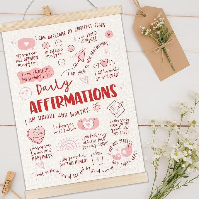 Welshower Inspirational Daily Affirmation Poster Hanger Frame, Pink Positive Affirmation Motivational Wall Art Prints Decor for Therapy Office Girls Room Dorm Bedroom, 12x16 Inch