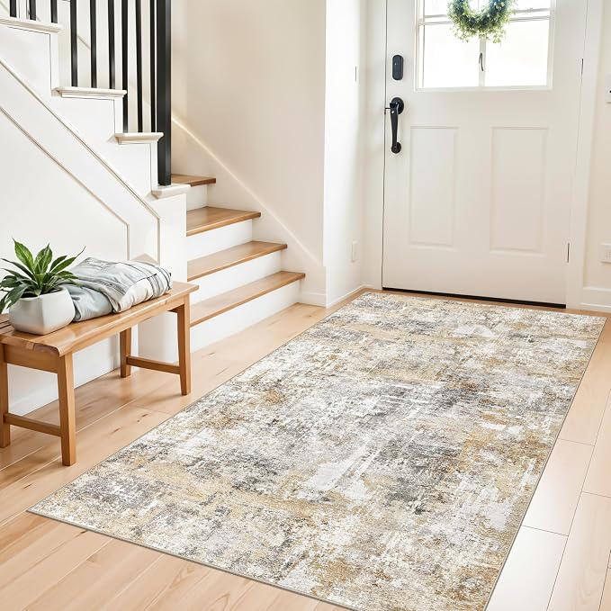 4x6 Washable Entryway Rug – Non-Slip Low-Pile Small Area Rug for Kitchen Bedroom Living Room Office – Modern Abstract Neutral Throw Carpet with Rubber Backing (Gold Grey)