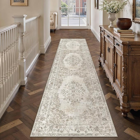 PureCozy 2'6"x10' Runner Rug Beige Washable Hallway Kitchen Bedroom Vintage Distressed Bathroom Non Slip Medallion Floral Carpet Indoor Retro Throw Floor Mat for Office Dining Laundry Living Room