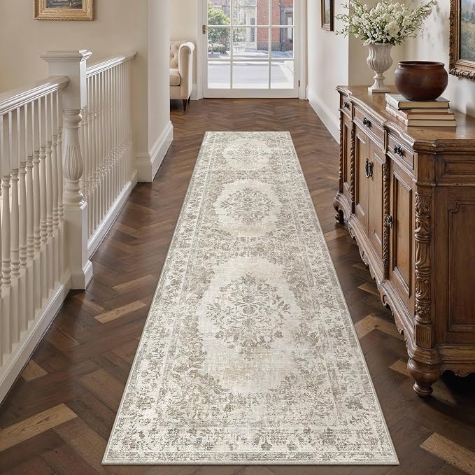 PureCozy 2'6"x12' Runner Rug Beige Washable Hallway Kitchen Bedroom Vintage Distressed Bathroom Non Slip Medallion Floral Carpet Indoor Retro Throw Floor Mat for Office Dining Laundry Living Room