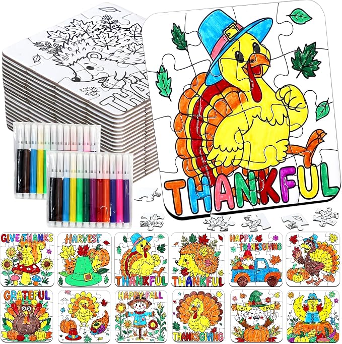 24Set Fall Thanksgiving Crafts for Kids Toddlers Adults, Thanksgiving Art Craft DIY Kit Blank Puzzle Pumpkin Turkey, Autumn Classroom Activities for Party Favors Gift Coloring Games Toys Supplies Bulk