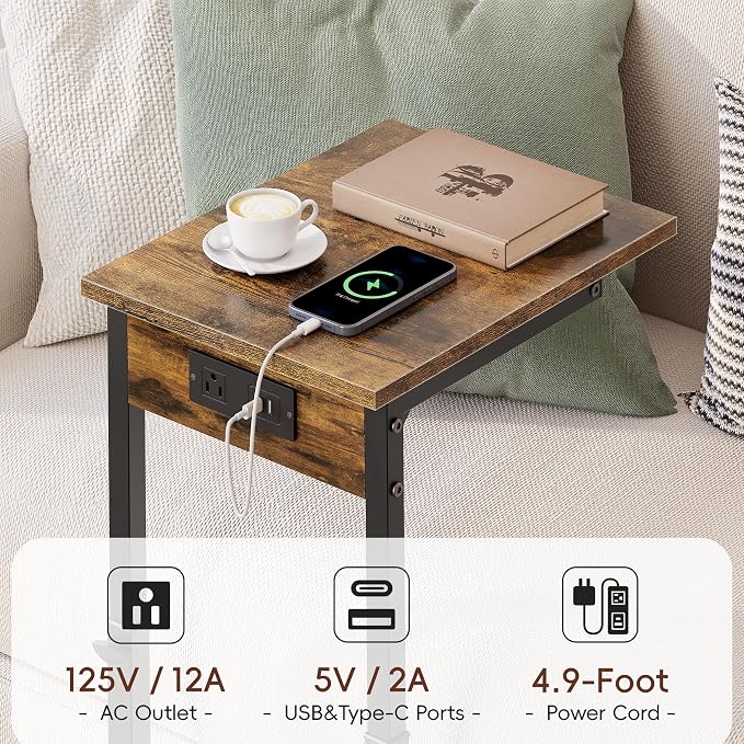 Vagusicc C Shaped End Table with Charging Station, 33"Tall Side Table for Couch, C-Table End Table Adjustable Height Side Table,Slide Under Couch Table TV Tray Table for Sofa,Living Room,Bedroom,Brown