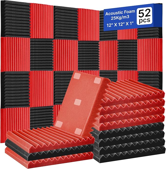 52 Pack Acoustic Foam Panels,1" x 12" x 12" Acoustic Wedge Studio Foam Sound Absorption Wall Panels (BLACK/RED)