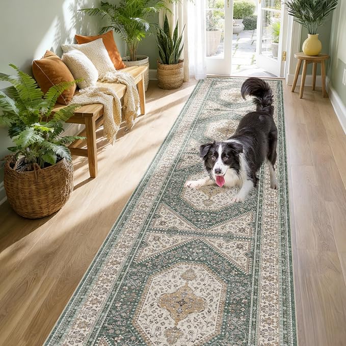 2x10 Runner Rug for Hallway Washable: Non Slip Kitchen Rugs with Rubber Backing Soft Waterproof Wide Mats Stain Resistant Low Pile Carpet for Entryway Bedroom Bathroom Laundry Home Decor Green/Beige