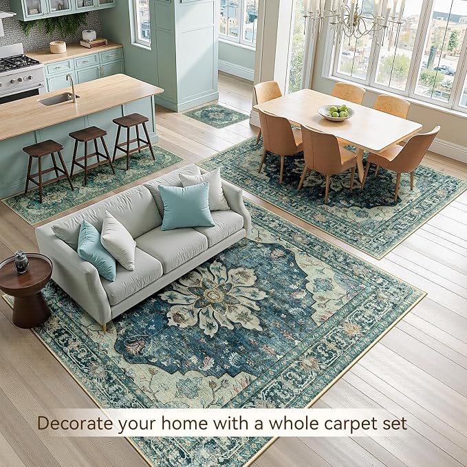 RELEANY Area Rugs 5'x8' Washable Non-Slip, Floral Vintage Distress Medallion Carpet for Living Room Bedroom Dining Room, Dark Blue Vintage