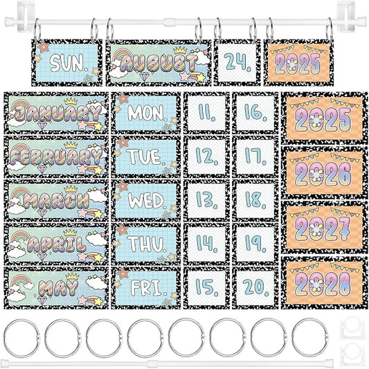 Girl Style Composition Notebooks Flip Calendar Bulletin Board Set 54 Date Cards for Teacher Classroom Years 2025-2028 Rainbow Flip Calendar with Adjustable Holder O-Rings for Back to School Supplies