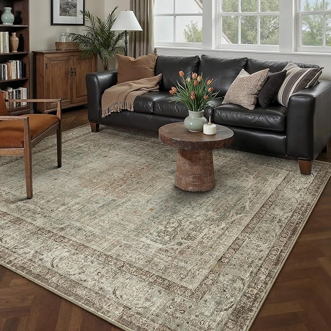 PureCozy Sage Area Rug 5x7 for Living Room Washable Vintage Carpet Low Pile Non Slip Distressed Soft Traditional Retro Oriental Large Accent Throw Rug Office Kitchen Bedroom Dining Room