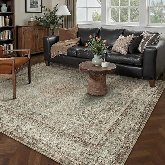 PureCozy Sage Area Rug 5x7 for Living Room Washable Vintage Carpet Low Pile Non Slip Distressed Soft Traditional Retro Oriental Large Accent Throw Rug Office Kitchen Bedroom Dining Room