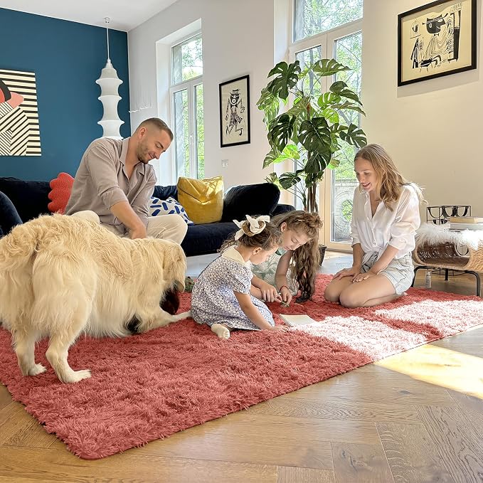 OLANLY 8x10 Machine Washable Large Area Rugs for Living Room, Bedroom, Soft Fluffy Shaggy Bedside Rug, Indoor Floor Carpet for Kids Girls and Boys, Dorms, Nursery, Home Decor Aesthetic, Rust Red