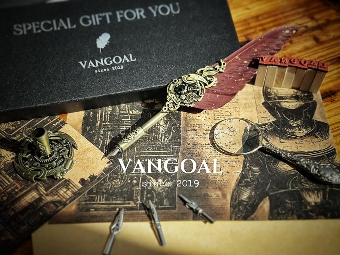 VANGOAL Steampunk Feather Pen and Ink Set with Gift Box, Vintage Quill Pen for Writing, Calligraphy Pen Set for Office Supplies, Birthday, Wedding, Christmas Gift (Coffee)