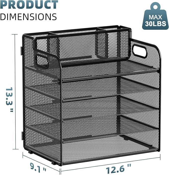 Marbrasse Paper Organizer, Mesh Desk Letter Tray with 3 Pen Holders,Black | Paper Sorter Desk Organizer for Letter/A4 Office File Folder Holder Home Office Supplies
