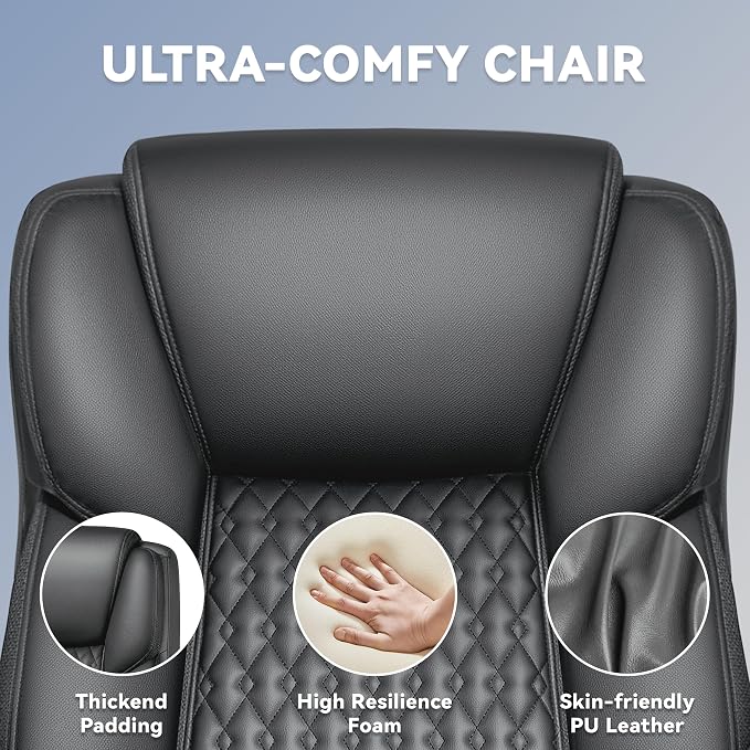 Big and Tall Office Chair 500lbs with Lumbar Support, Ergonomic Heavy Duty Black Office Chair, Leather Office Executive Chair with Quiet Rubber Wheels, Grey Office Comfortable Chair for Heavy People